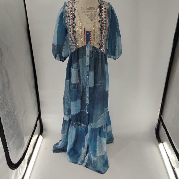 LONG DRESS WITH THREE QUARTER SLEEVES IMITATION DENIM PATCHES WITH SEQUIN - Picture 1 of 13
